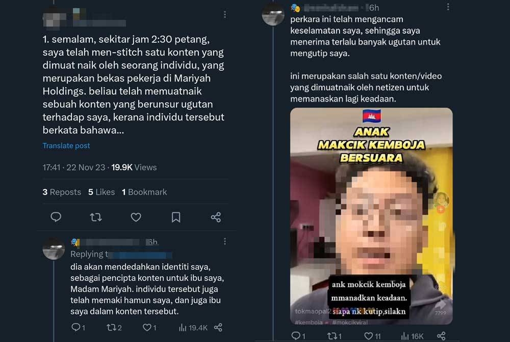 Tangkap layar hantaran di aplikasi X oleh individu yang mendakwa sebagai anak Makcik Kemboja.