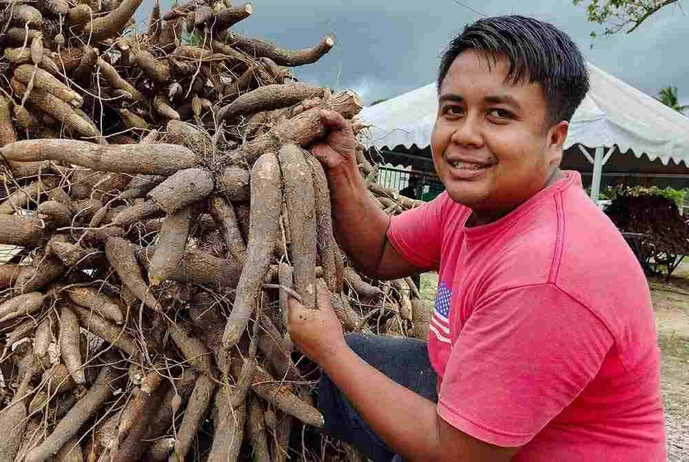 Mohd Hazim menunjukkan ubi kayu yang dijual di gerainya ketika ditemui di Kampung Gaal di sini. - Foto Bernama