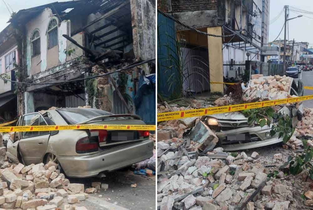 Sebuah kereta dihempap sisa runtuhan dinding bangunan rumah kedai lama dalam kejadian di Pekan Semenyih dekat sini pada Jumaat.