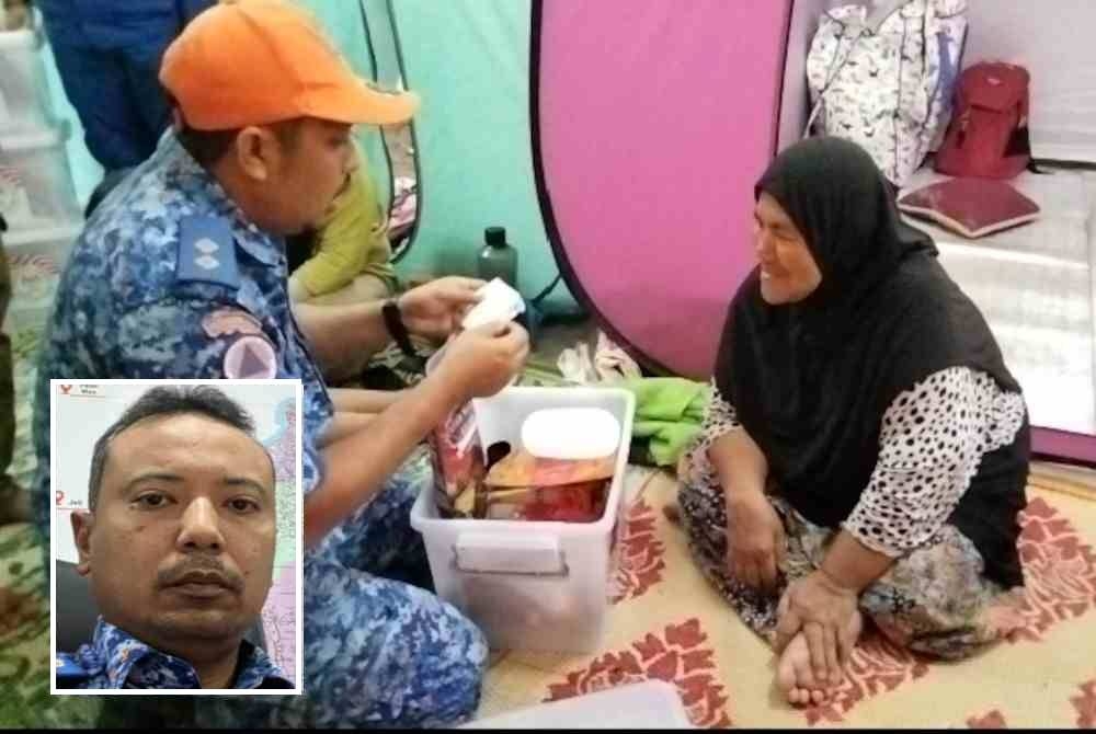 Anggota APM memberitahu cara penyediaan makanan kepada mangsa banjir di SK Tok Deh, Rantau Panjang. Gambar kecil: Adzhar