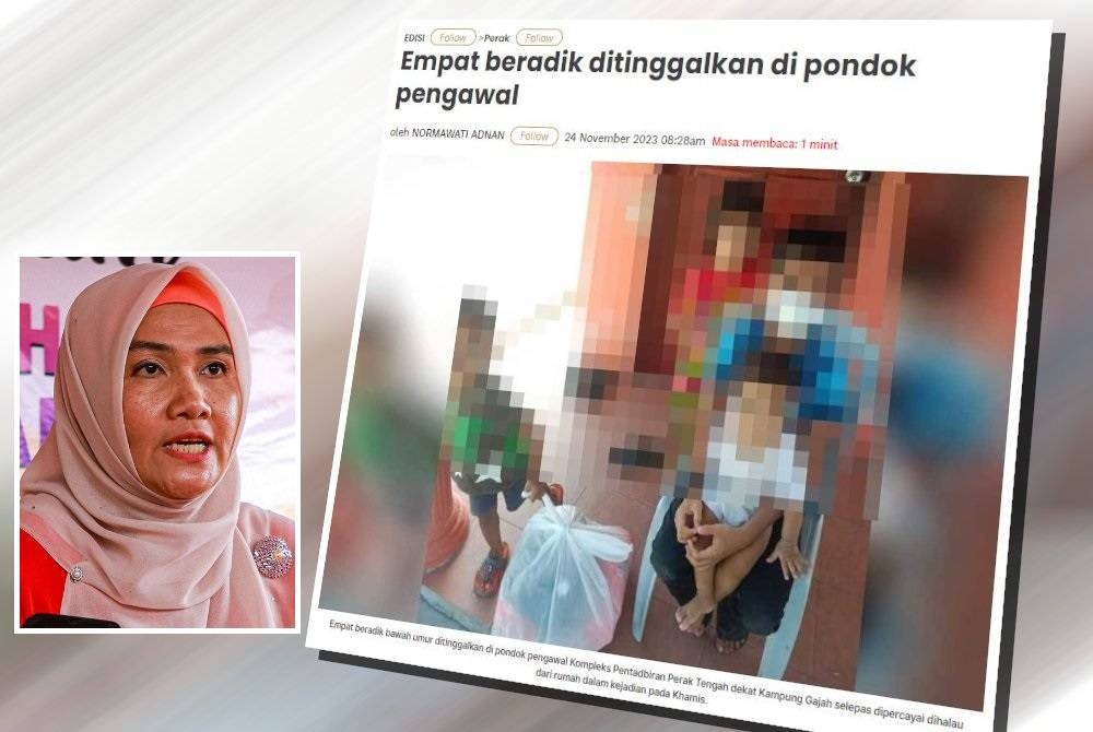 Empat beradik bawah umur ditinggalkan di pondok pengawal Kompleks Pentadbiran Perak Tengah dekat Kampung Gajah selepas dipercayai dihalau dari rumah dalam kejadian pada Khamis. (Gambar kecil: Nor Tipah)