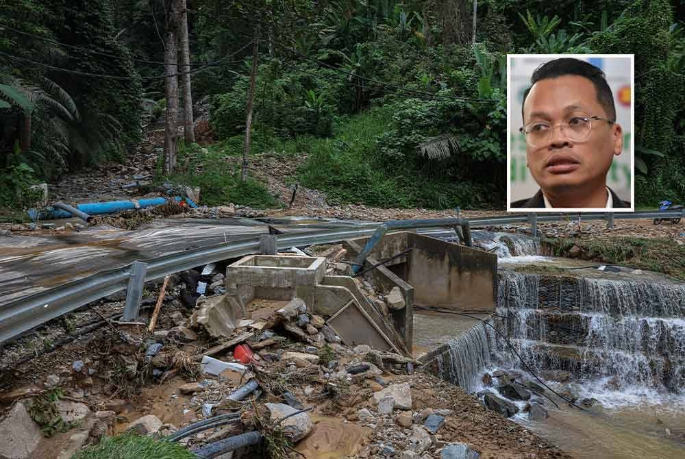 Keadaan Jalan Bukit Tinggi yang rosak akibat kejadian banjir puing yang berlaku malam semalam. (Foto Bernama) Gambar kecil: Nik Nazmi