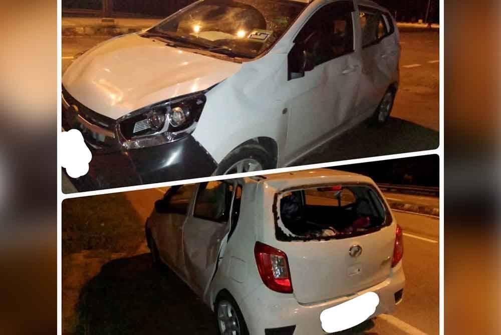 Kereta Perodua Axia yang dinaiki tiga sekeluarga mengalami kerosakan teruk selepas dipijak sekumpulan gajah di Jalan Gerik - Jeli pada Ahad. - Foto ihsan PDRM