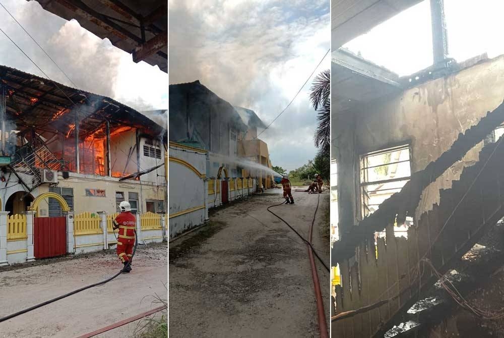 Anggota bomba memadamkan kebakaran di pusat tahfiz persendirian dalam kejadian pada pagi Isnin.