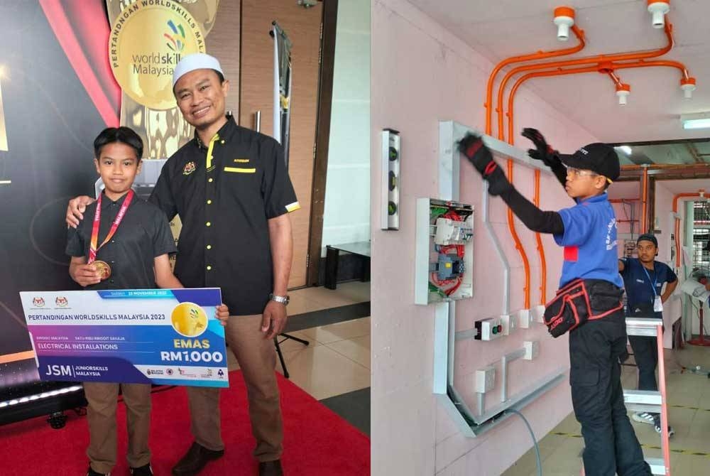 Nur Saif Ammar dan bapanya merangkap jurulatih setelah memenangi Pingat Emas di Junior Skills Malaysia 2023 baru-baru ini. Nur Saif Ammar (kanan) beraksi di pertandingan peringkat akhir Junior Skills Malaysia 2023.