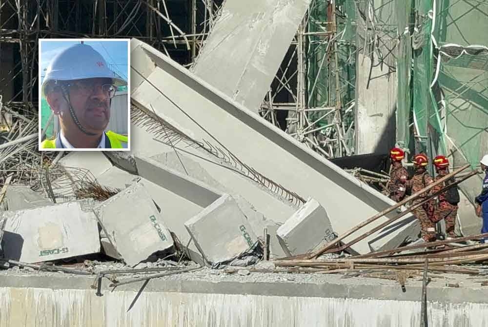 Anggota bomba sedang giat menjalankan kerja-kerja menyelamat bagi mencari mangsa yang dipercayai tertimbus dalam runtuhan rasuk. Gambar kecil: Rajendran