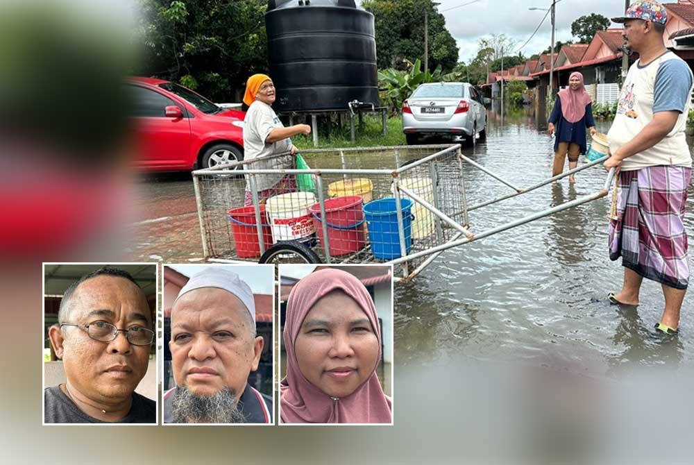 Penduduk memunggah air bersih dalam keadaan air kotor bertakung di kawasan perumahan mereka. Gambar kecil dari kiri: Norhisam, Che Mat Ariffin, Norida