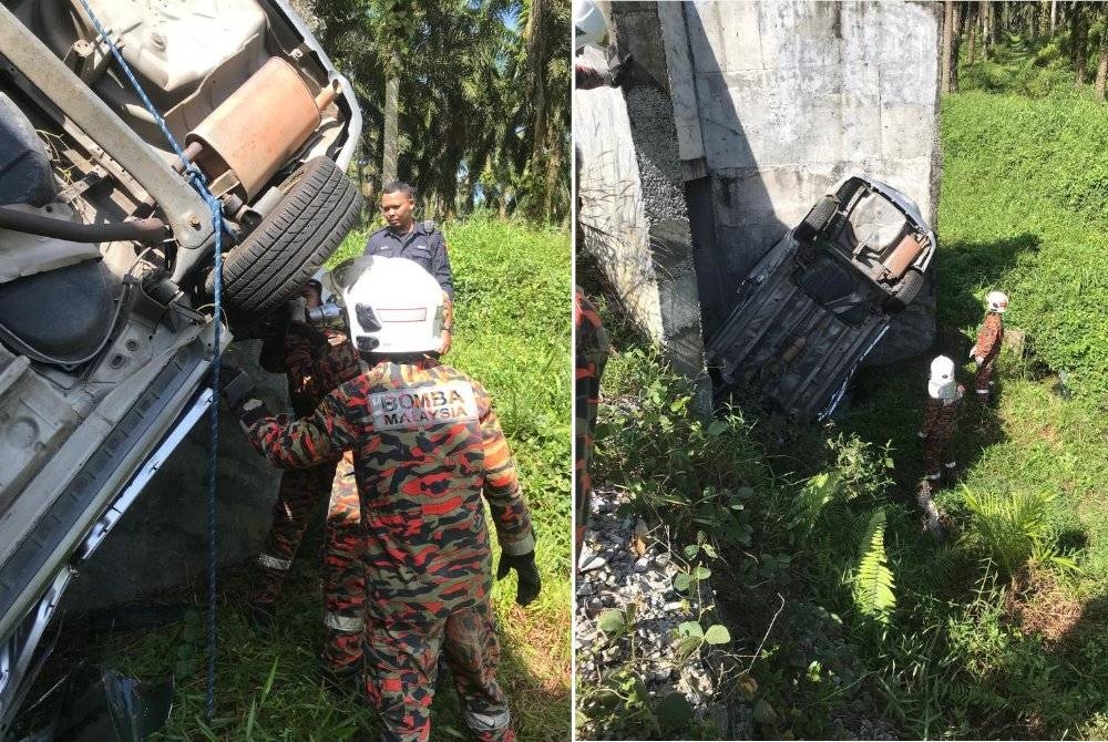 Keadaan kereta mangsa selepas terbabas di Jalan Kampung Rahmat-Sri Gading, Batu Pahat.- Foto Bomba