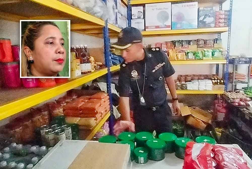 Pegawai KPDN Melaka merampas barangan kawalan tanpa permit termasuk produk berasaskan minyak di Plaza Melaka Sentral pada Khamis. Gambar kecil: Norena