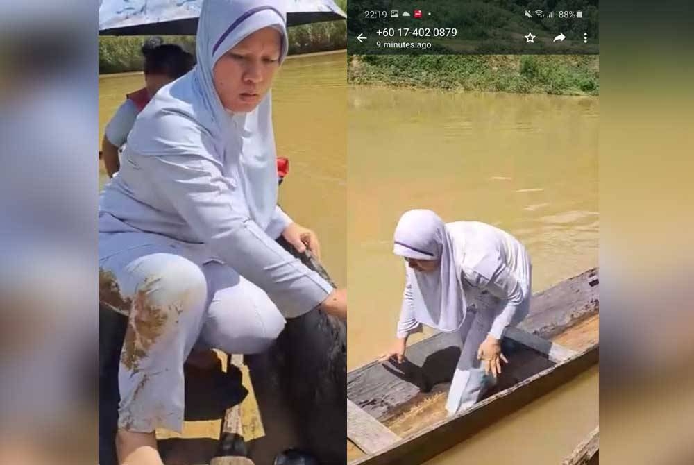 Pakaian uniform jururawat terkena lumpur ketika menaiki sampan untuk menyeberang sungai melawat rumah ibu baru bersalin di Bengkoka, Pitas.