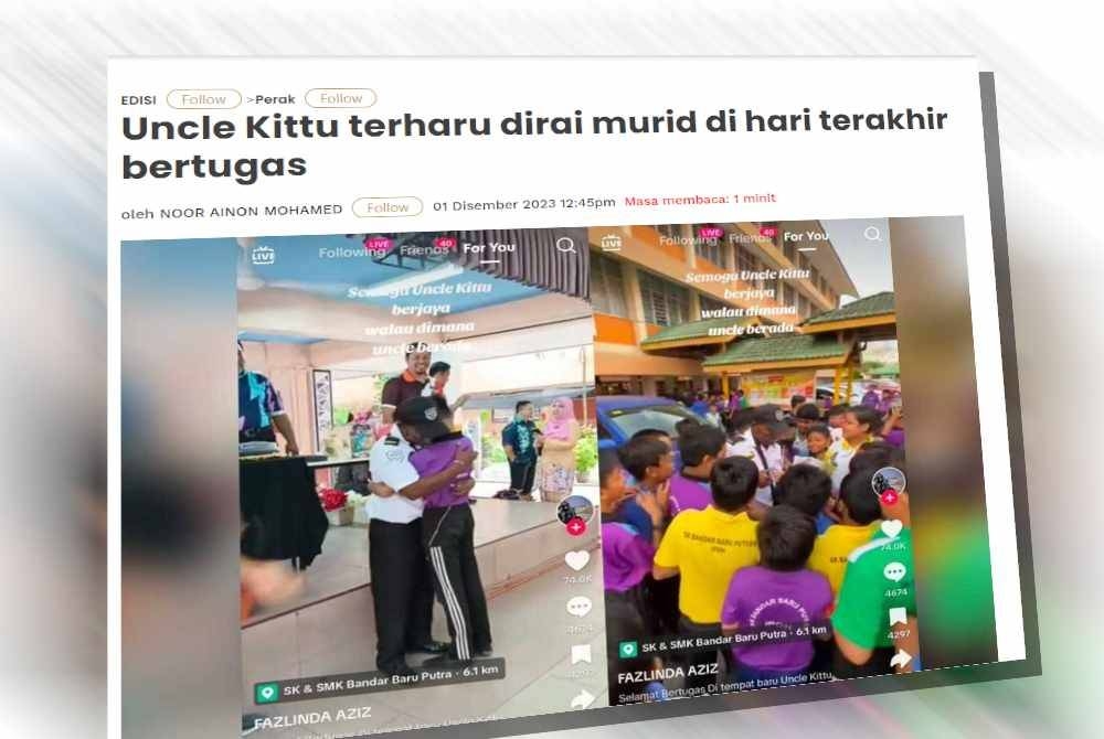 Tular video di media sosial memaparkan murid sekolah berkenaan bersalam dan memeluk sambil memberikan hadiah kepada &#039;pak guard&#039; dikenali sebagai Uncle Kittu.