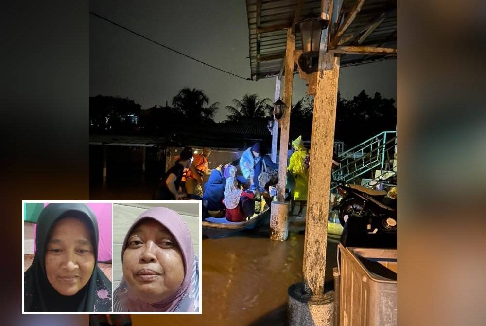 Pasukan keselamatan memindahkan mangsa banjir di Kampung Sentosa Damai, Pasir Gudang pada malam Khamis ke PPS di Kampung Cahaya Baru. (Gambar kecil: Zainab, Nurul Huda)