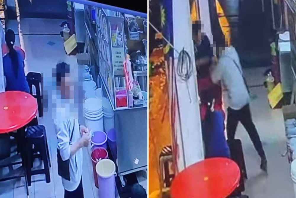 Rakaman kamera video litar tertutup (CCTV) menunjukkan suspek tiba di restoran mangsa sekitar jam 6 pagi pada Sabtu sebelum bertindak menikam peniaga terbabit. Foto Ihsan pembaca