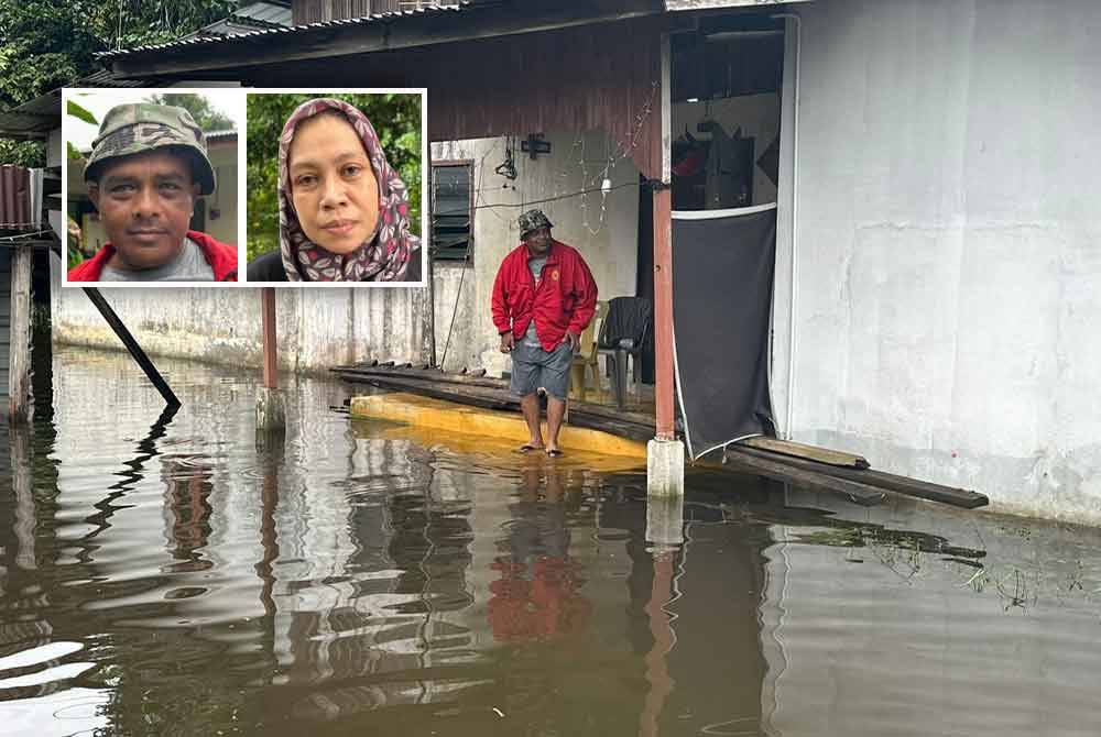 Penduduk mengalami kesukaran kerana terpaksa mengharung air bertakung di hadapan rumah mereka sejak dua minggu lalu. Gambar kecil: ZAINUDDIN dan ROSMAWATI