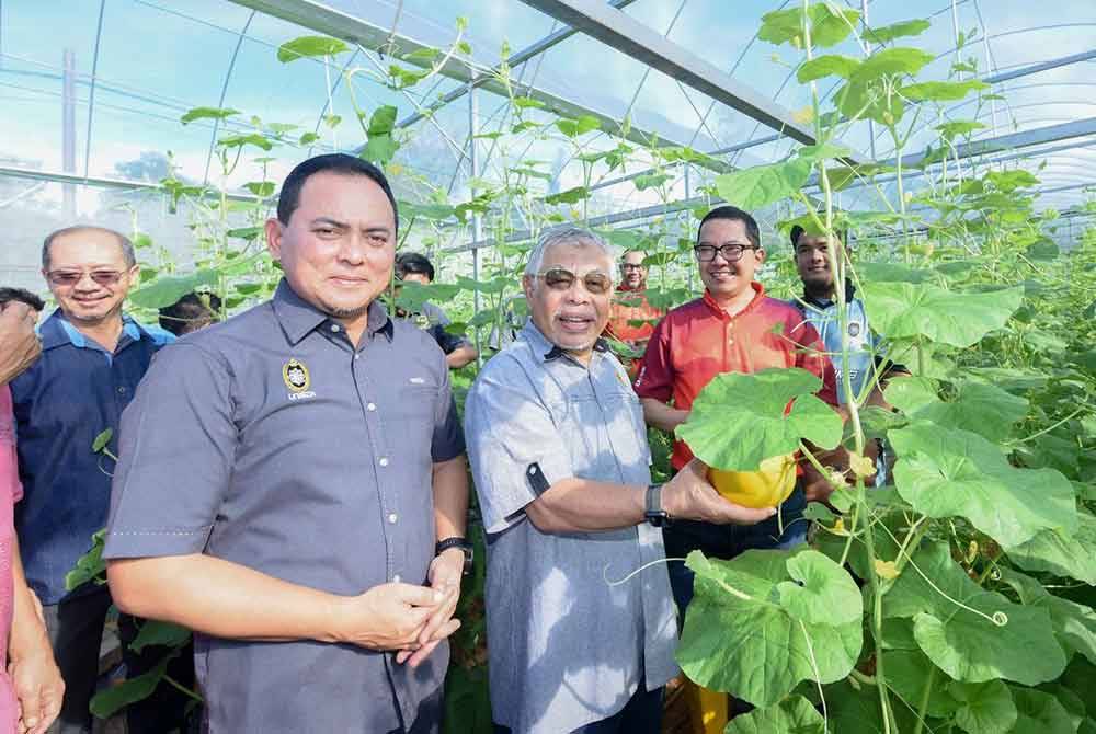 Ahmad Shahriman (dua dari kanan) bersama Ahli Lembaga Pemegang Amanah YDSM, Datuk Mohd Fadzli Yusof (tengah) dan Naib Canselor UniSZA, Prof Datuk Dr Fadzli Adam (dua dari kiri) melihat tapak projek Melon Manis Terengganu di UniSZA kampus Besut.