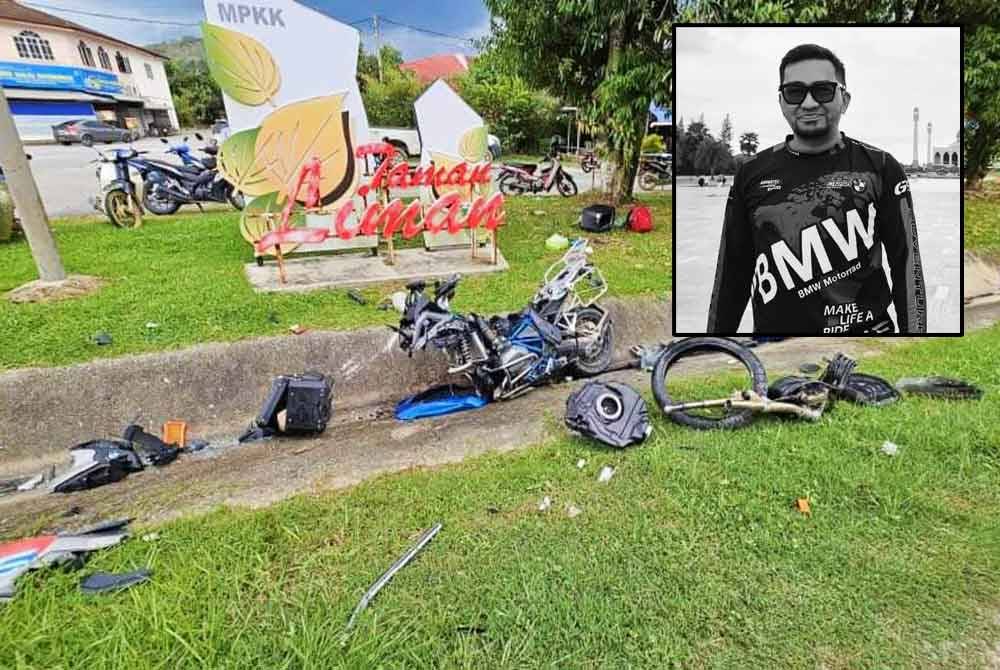 Keadaan motosikal ditunggangi mangsa yang terbabit nahas dengan sebuah kereta di Kilometer 63 Jalan Ipoh-Gerik dekat Liman Kati, Kuala Kangsar pada Isnin. - Foto media sosial