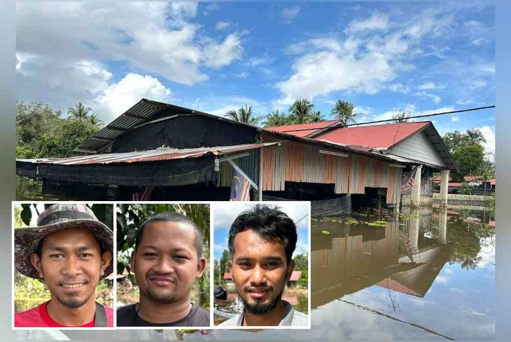 Keadaan rumah penduduk yang ditenggelami banjir sejak dua minggu lalu. Gambar kecil: MOHAMAD AMIR, MUHD ASWADI, WAN MOHD AMIRUL IMAN