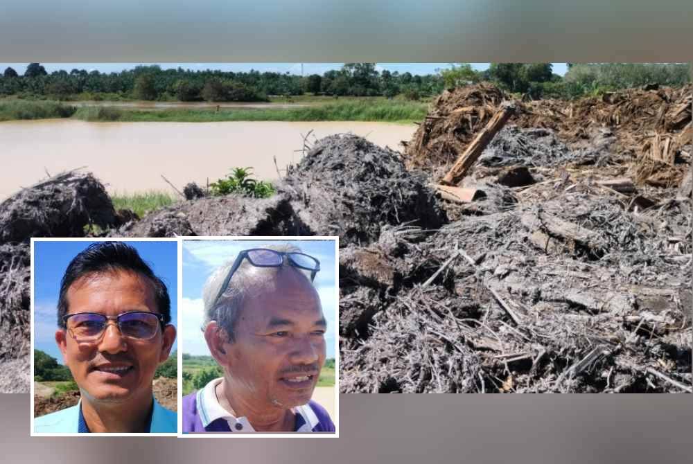 Longgokan sisa sawit di tapak lombong berdekatan Sungai Muda dikhuatiri mengundang pencemaran. Gambar kecil: Bau Wong, Saad