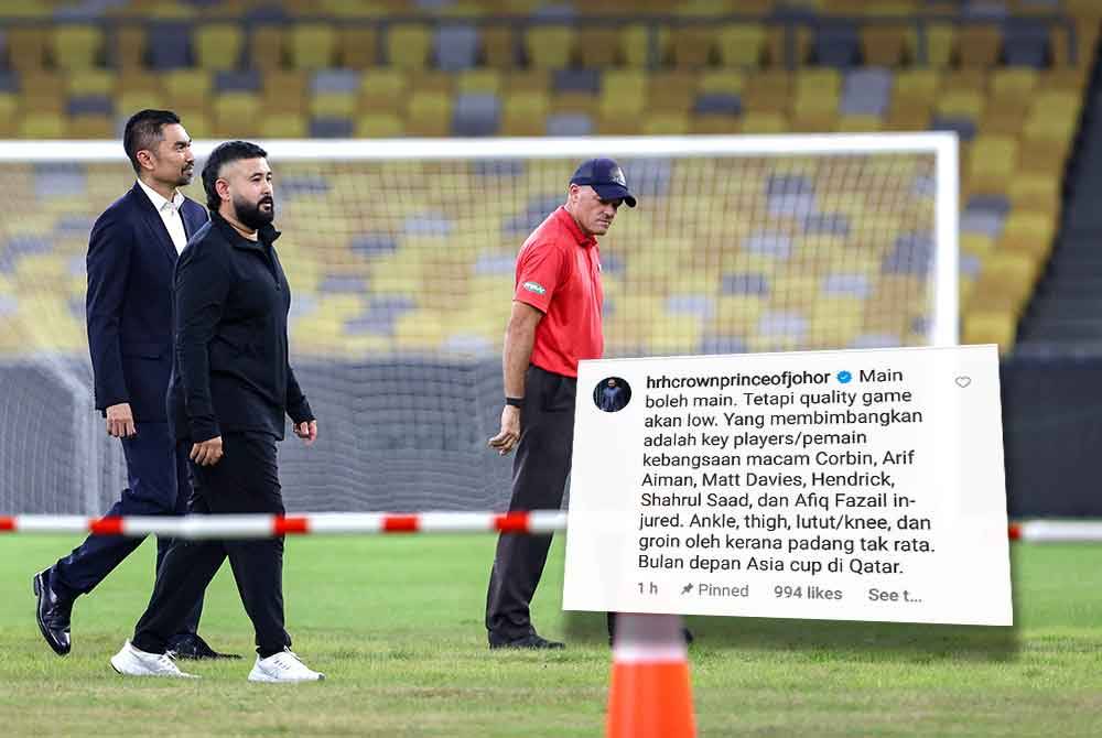 Tunku Ismail (tiga, kiri) meninjau keadaan padang dan sesi latihan rasmi JDT menjelang perlawanan akhir Piala Malaysia 2023 di Stadium Nasional Bukit Jalil pada Khamis. Gambar kecil: Perkongsian TMJ pada Khamis.