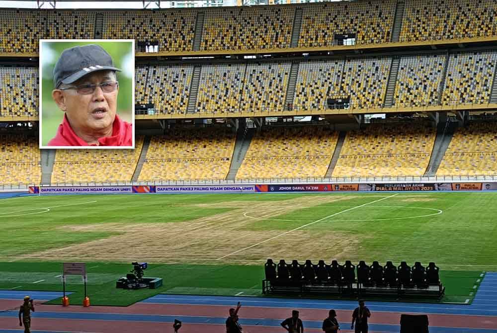 Keadaan terkini padang Stadium Nasional Bukit Jalil. Gambar kecil: MOHD AZRAAI