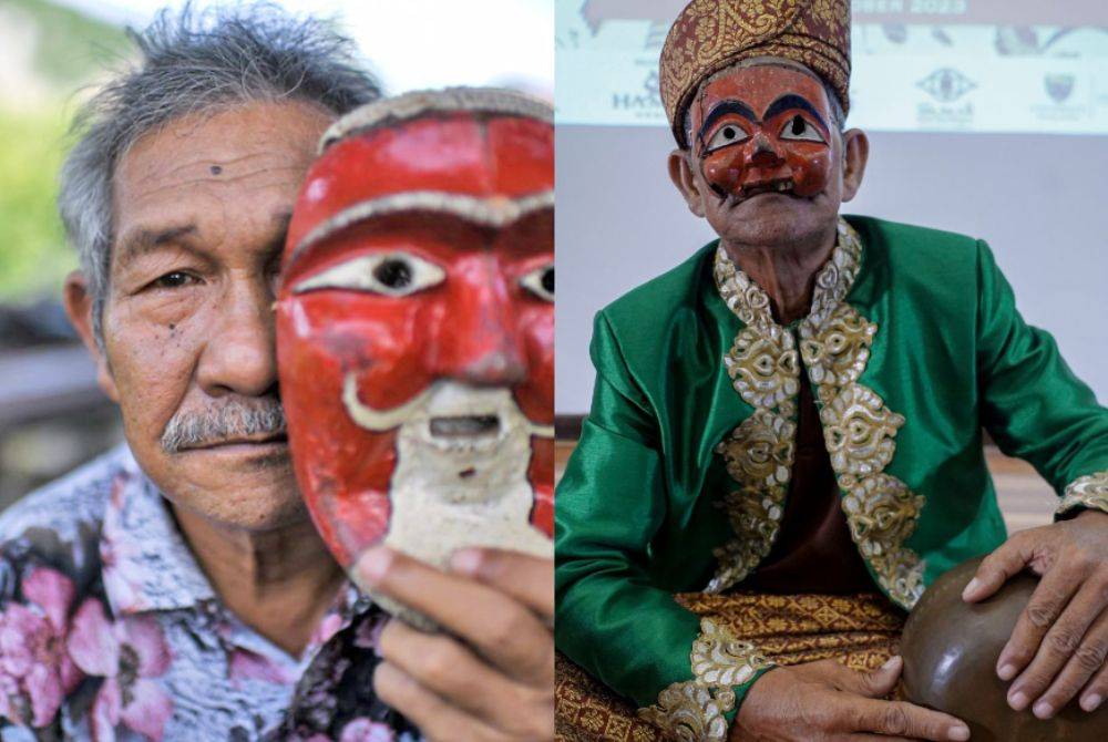 Pok Romli Mahamud bersama salah satu topeng topeng yang membawa watak ‘Wak Nujum’. - Foto Bernama