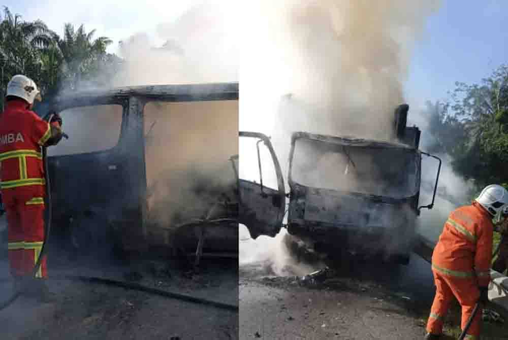 Pasukan bomba menjalankan operasi pemadaman dalam kebakaran melibatkan van dan lori di Lebuh Raya Utara-Selatan berhampiran R&R Gunung Semanggol pada Sabtu. - Foto: ihsan Bomba Perak