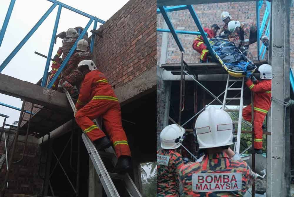 Anggota JBPM Machang berusaha mengambil mangsa yang tidak sedarkan diri dan tergantung di bahagian bumbung.