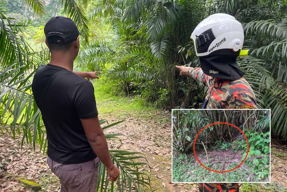 Muhammad Luqman Haqim (kiri) menunjukkan kepada bomba lokasi dia terserempak dengan harimau belang di Sungai Siput. Lokasi harimau belang berdiri ketika terserempak dengan pengadu berhampiran sebuah kolam berhampiran Taman Dovenby, Sungai Siput (gambar kecil) - Foto: ihsan pembaca