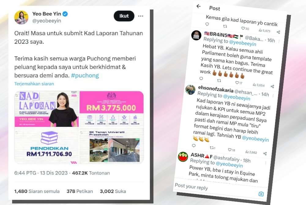 Tangkap layar perkongsian Bee Yin di aplikasi X. (Antara komen netizen yang mahu pendekatan dilakukan Bee Yin menjadi contoh dan ikutan ahli parlimen lain)