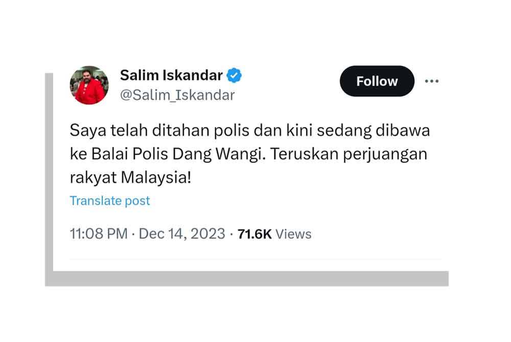 Salim mengesahkan penahanan beliau di akaun X miliknya pada Khamis.