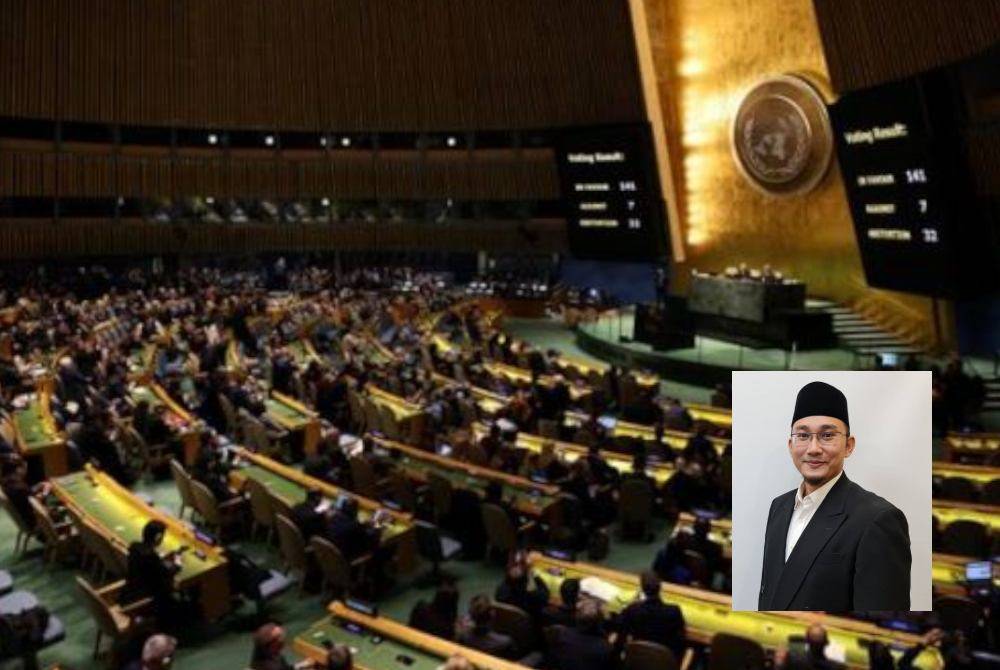 PERHIMPUNAN Agung Pertubuhan Bangsa-Bangsa Bersatu (PBB) meluluskan resolusi ‛tidak mengikat’ menyeru gencatan senjata antara Palestin dan Israel diluluskan. -Gambar kecil: DR MOHD SYAKIR