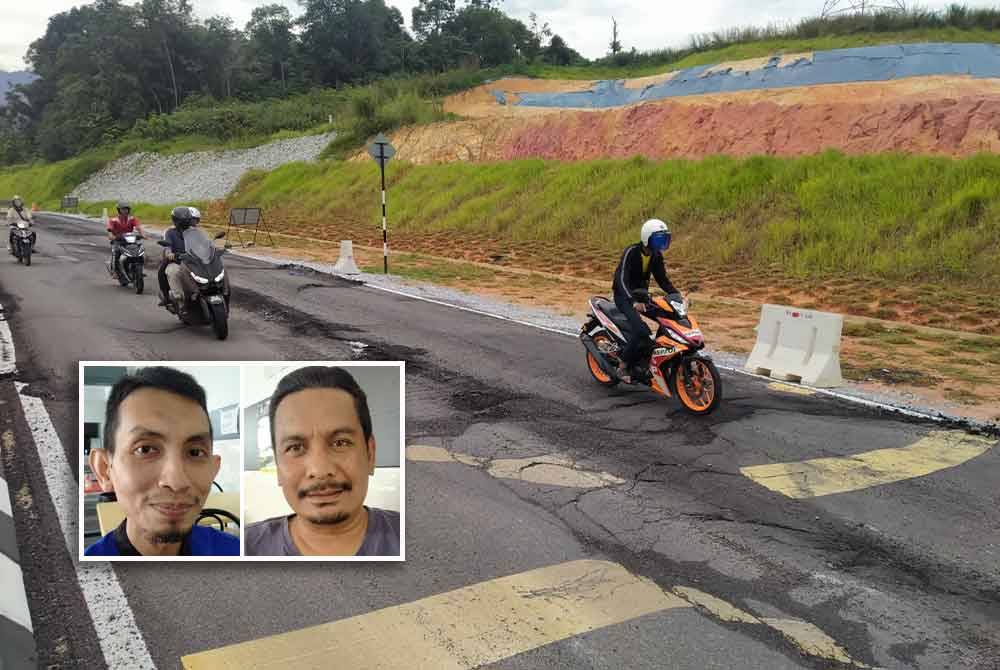 Jalan Meru Raya-Klebang yang rosak dibimbangi mendatangkan risiko kepada pengguna laluan berkenaan khususnya motosikal. Gambar kecil: MOHAMAD AZRUL, ABY ROFDE