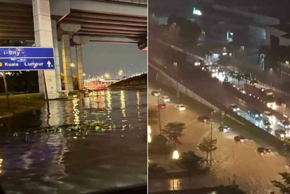 Keadaan jalan dinaiki air di I-City, Shah Alam. Foto: FB khidmat masyarakat