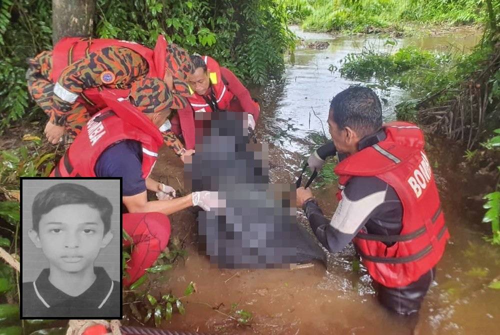 Mayat Mohamad Amirul Haikal ditemui pasukan PPDA tersangkut pada pokok kira-kira 1.6 kilometer dari lokasi kejadian. - Foto Bomba Pahang (Gambar kecil: Mohamad Amirul Haikal)