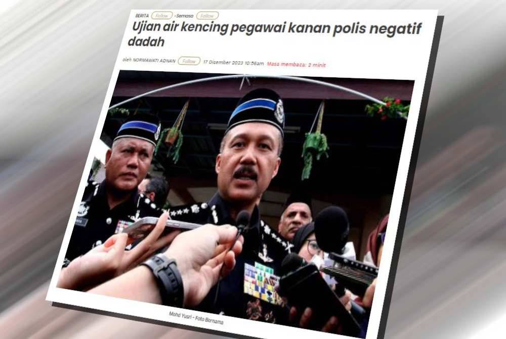 Pihak polis sebelum ini memaklumkan sampel ujian air kencing pegawai kanan polis yang ditahan berhubung kes kematian seorang pelajar lelaki akibat dilanggar dan diseret kereta di Jalan Taman Jati dekat Meru di sini, negatif dadah.