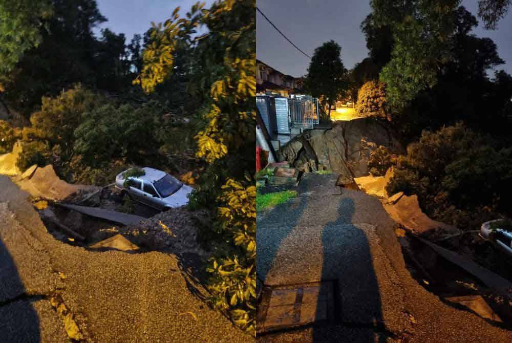 Keadaan hadapan rumah penduduk di Jalan Wawasan, Puchong yang menjadi gaung berikutan kejadian tanah runtuh. - Foto ihsan MBSJ