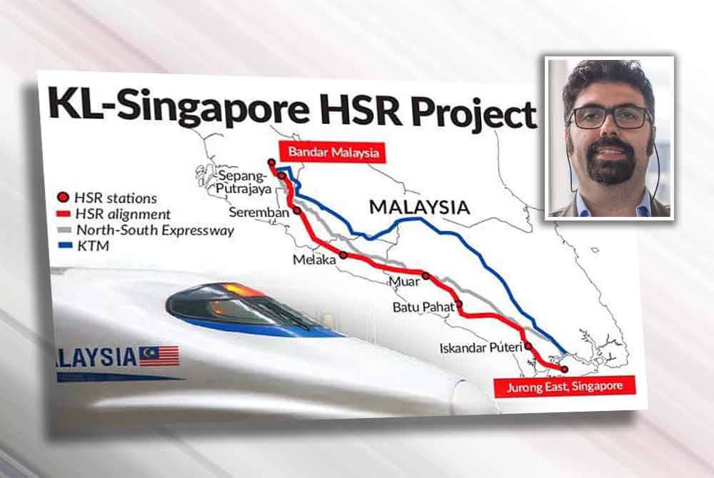 Jajaran asal perhubungan antara lapan stesen HSR bermula di Bandar Malaysia, Kuala Lumpur dan berakhir di Jurong East, Singapura. Gambar kecil: Ferlito