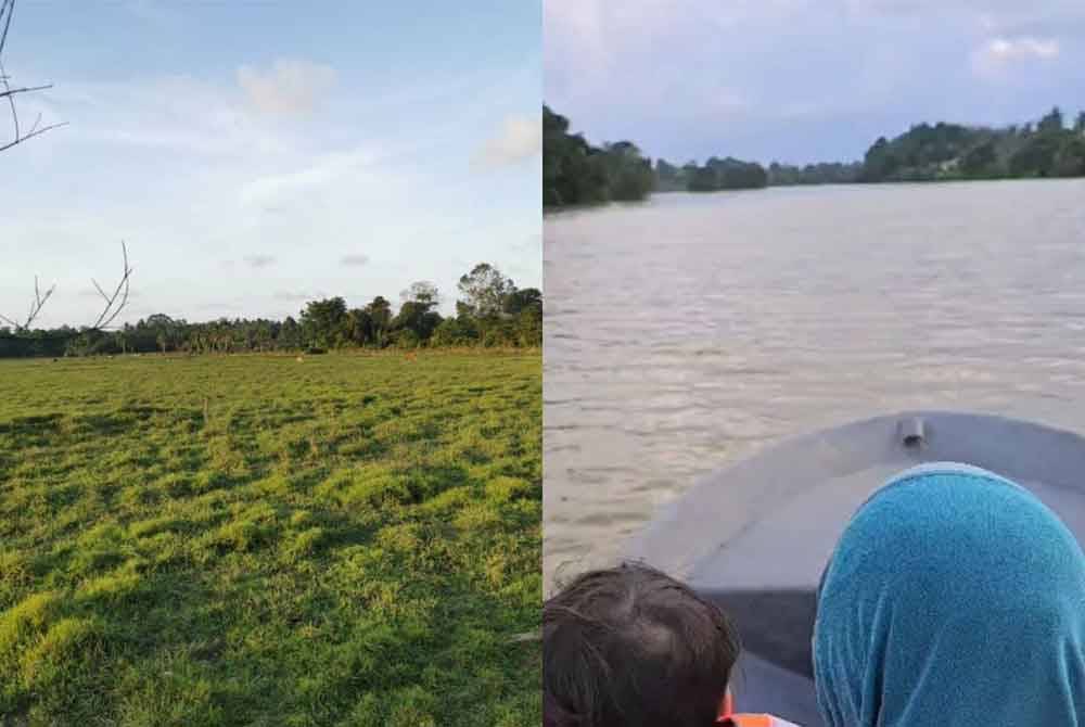 Keadaan padang ragut di Kampung Kubang Bujuk di Kuala Terengganu sebelum dinaiki air. Gambar kanan: Tangkap layar video menunjukkan keadaan padang ragut di Kampung Kubang Bujuk di Kuala Terengganu selepas dinaiki air dalam bencana banjir yang melanda Sabtu lalu.