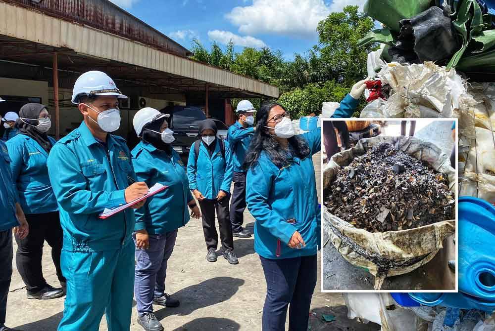 Sharifah Zakiah (kanan) sedang memeriksa bahan buangan yang terdapat di premis yang digempur. Gambar kecil: Antara bahan buangan yang berjaya ditemui ketika pemeriksaan.