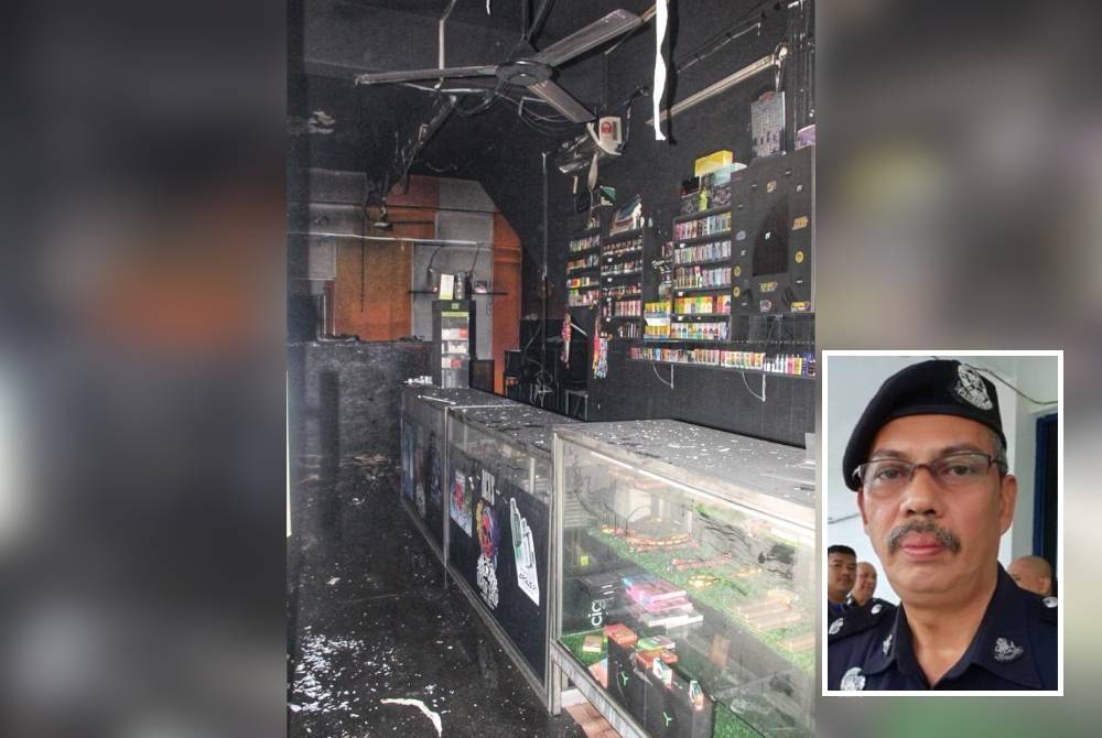 Kebakaran melibatkan sebuah kedai vape di Taman Ria, Port Dickson. (Gambar kecil: Aidi Sham)