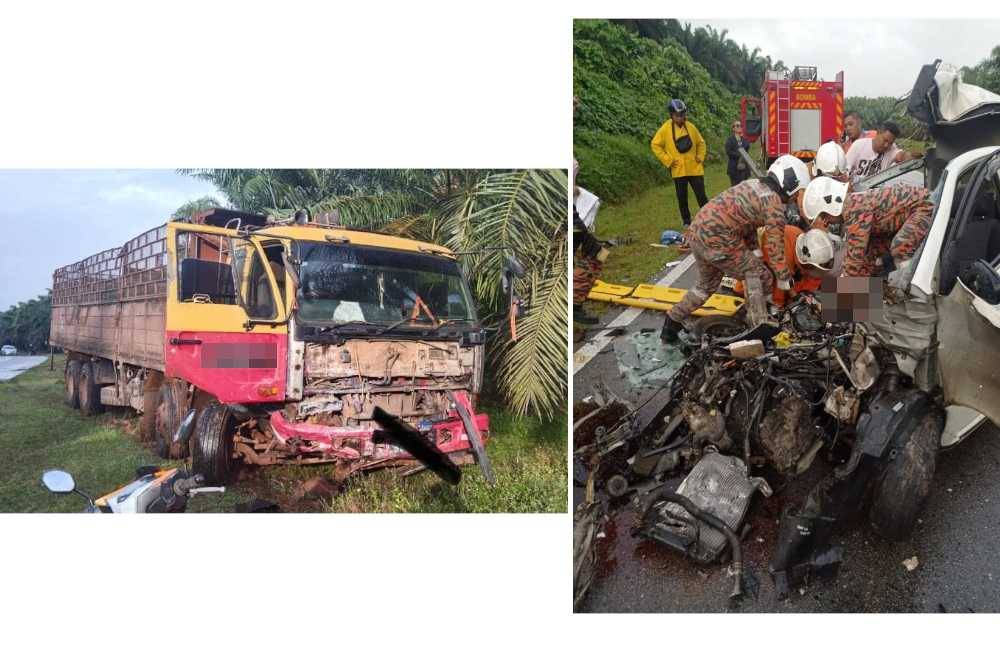 Keadaan lori yang terlibat dalam kemalangan tersebut. (Kanan: Anggota bomba cuba mengeluarkan mangsa-mangsa yang tersepit.) - Foto BBP Mersing