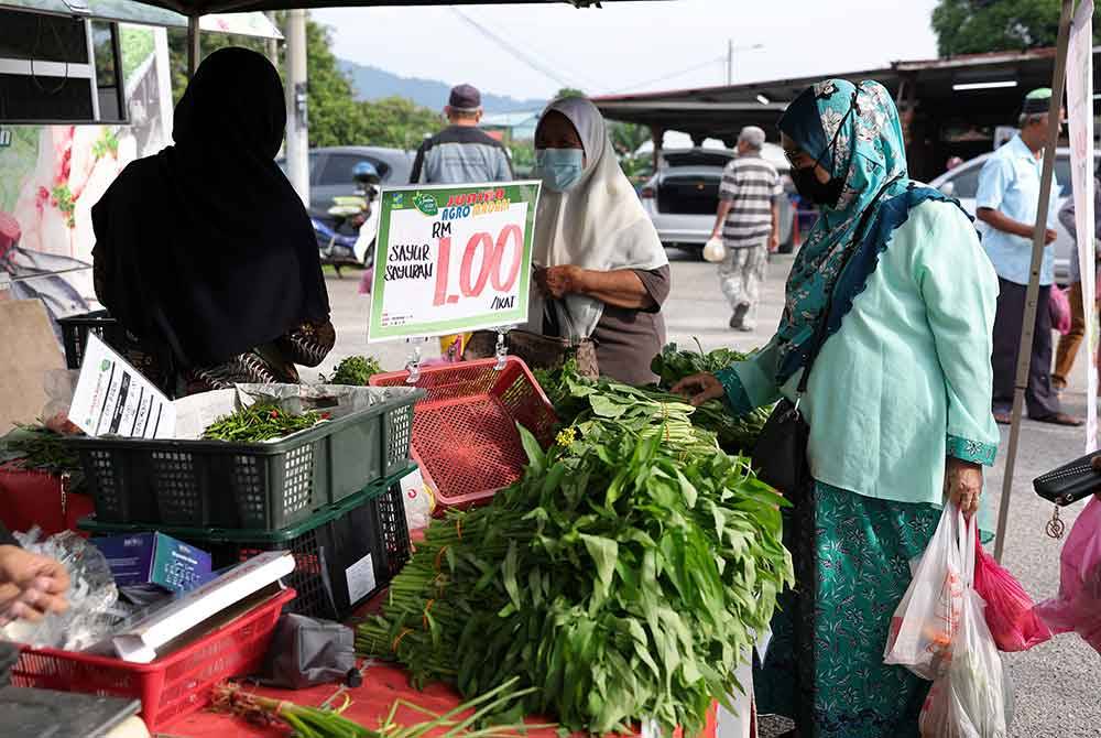 Pengunjung tidak melepaskan peluang mendapatkan barangan makanan dan keperluan asas dengan harga berpatutan di Tapak Jualan Agro MADANI di pekarangan Masjid Jamek Tunku Besar Tampin pada Selasa. - Foto Bernama