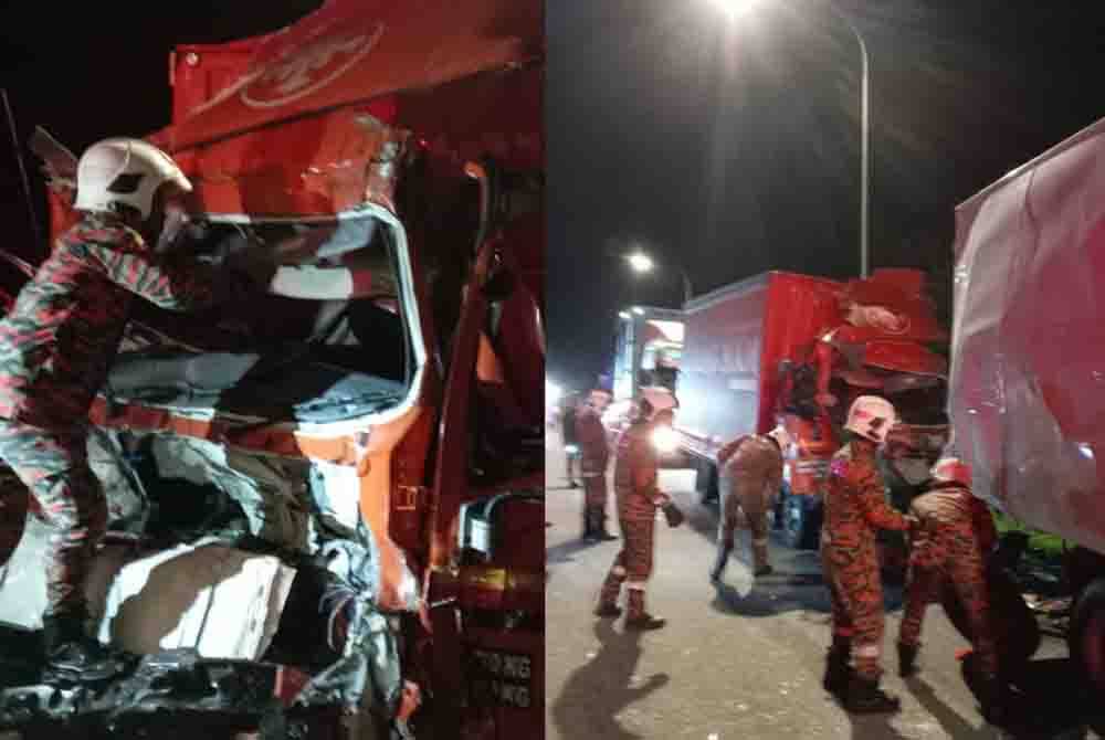 Anggota bomba cuba mengeluarkan mangsa yang tersepit dalam kemalangan di KM 164.8, susur masuk kawasan RNR Tangkak, Lebuhraya Plus arah selatan, pada awal pagi Khamis. - Foto BBP Tangkak