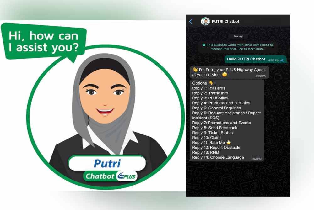 Bantuan kecemasan dan maklumat berkenaan perkhidmatan Lebuhraya PLUS kini lebih pantas melalui Chatbot PLUS Texting Realtime Interface (Putri) menerusi aplikasi WhatsApp.