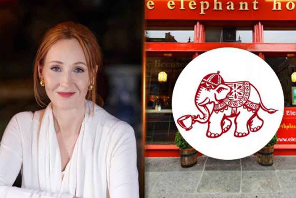 Kafe Elephant House adalah salah satu daripada beberapa hartanah yang rosak teruk dalam kebakaran di Jambatan George IV di Edinburgh pada Ogos 2021. Kiri: Rowling.