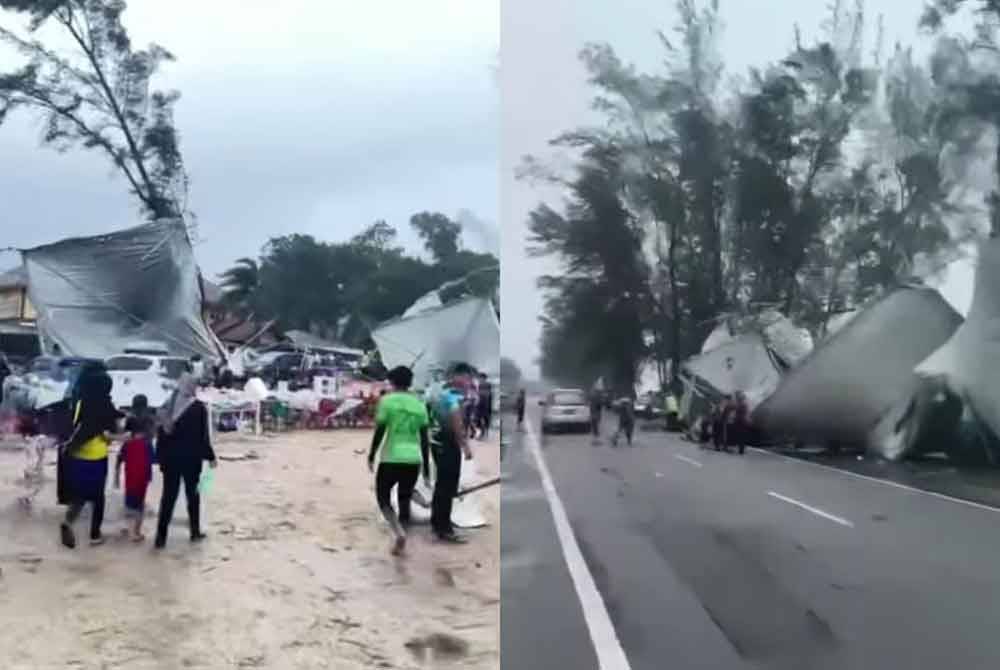 Tangkap layar video tular menunjukkan beberapa kanopi yang dipasang diterbangkan angin sehingga menghempap kenderaan dalam kejadian di Pantai Sura, Dungun. Gambar kanan: Laluan di sepanjang jalan menunjukkan kanopi yang bergelimpangan selepas diterbangkan angin dalam kejadian angin kencang dan ribut di Pantai Sura, Dungun.