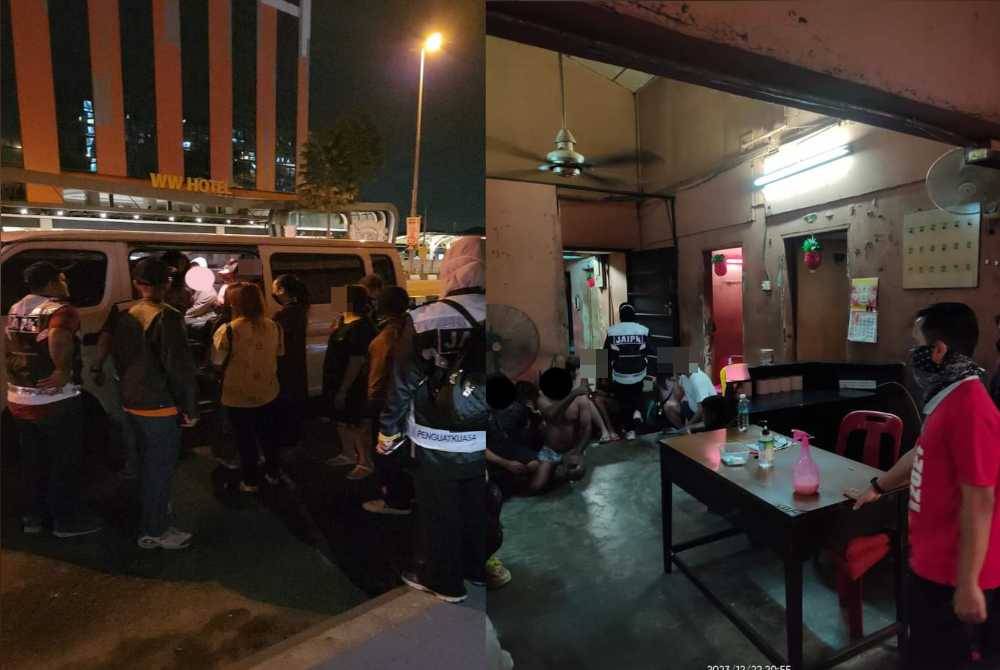 Sebahagian individu yang ditahan dalam serbuan di sebuah premis dipercayai pusat pelacuran di Jalan CM Yusof di Ipoh pada awal pagi Ahad. - Foto Facebook JAIPK