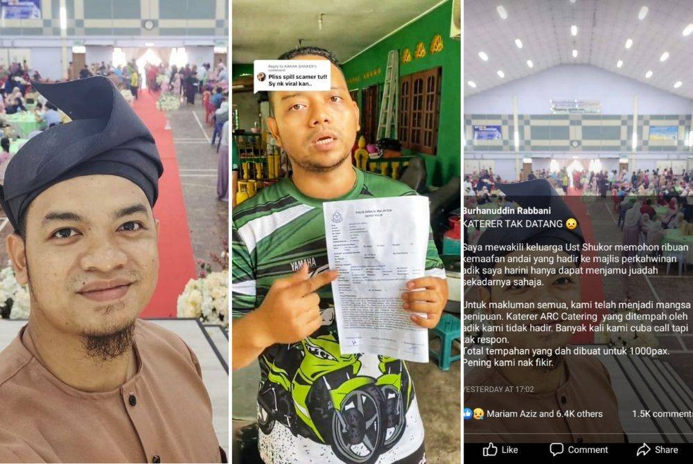 Burhanuddin Rabbani berkongsi suasana pada majlis perkahwinan adiknya (kiri) , Salah seorang keluarga pengantin turut berkongsi video mengenai kejadian di aplikasi TikTok dan menunjukkan laporan polis (tengah), PerkongsianBurhanuddin Rabbani mengenai kejadian di Facebook.