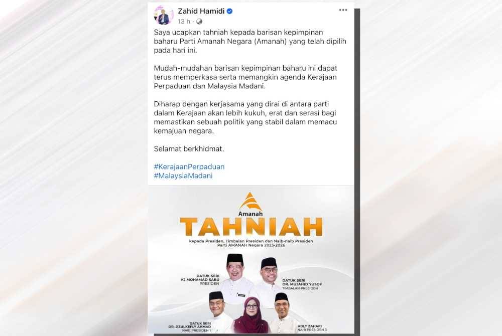 Tangkap layar hantaran Ahmad Zahid di Facebook pada Ahad.