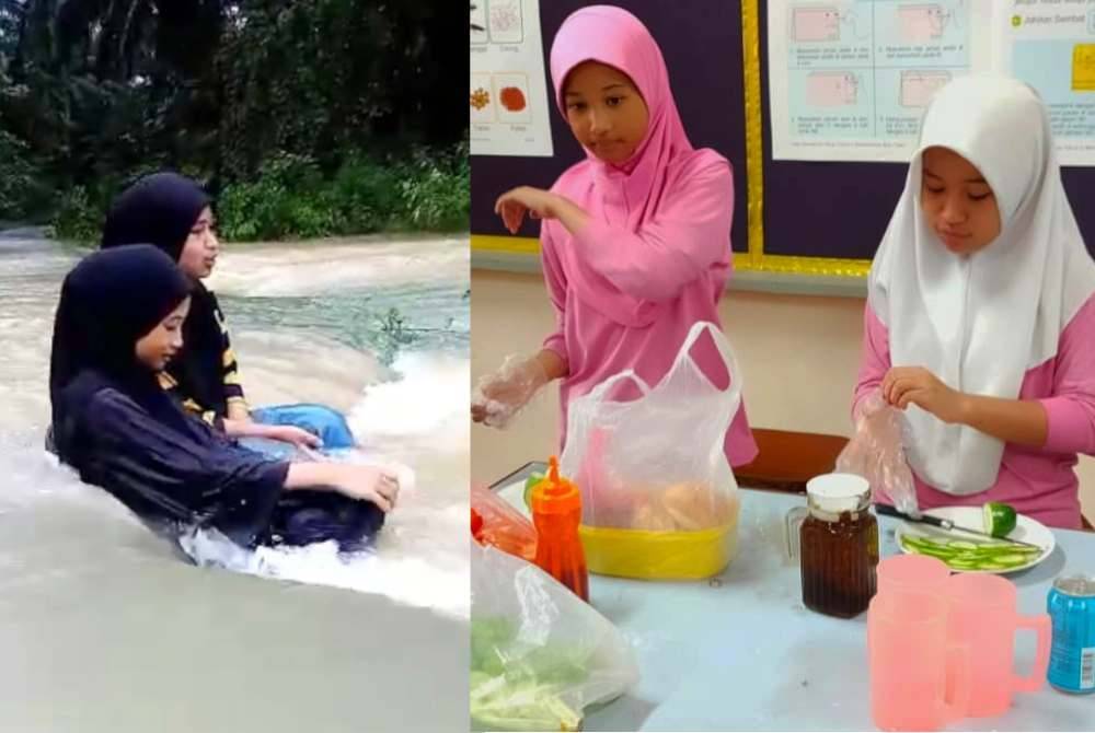 Gambar kiri: Video terakhir Nur Damia Qaisara (kanan) bersama Siti Aisyah yang sempat dirakam sebelum terjatuh ke dalam alur sungai. (Gambar kanan: Nur Damia Qaisara (kanan) bersama Siti Aisyah semasa di sekolah.)